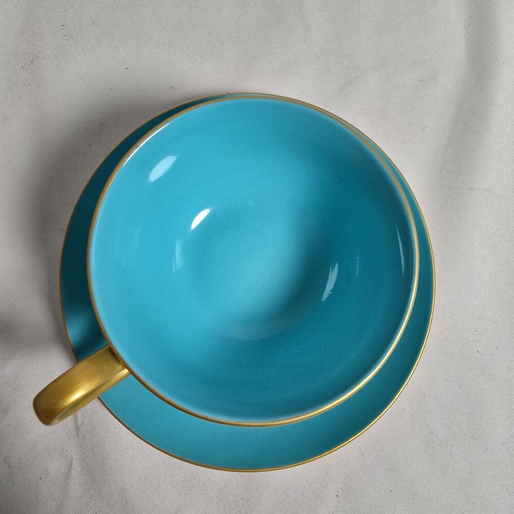 Shelley Gracie Fine Bone China Aqua Blue/Turquoise & Gold Teacup & Saucer + Box - Picture 4 of 16